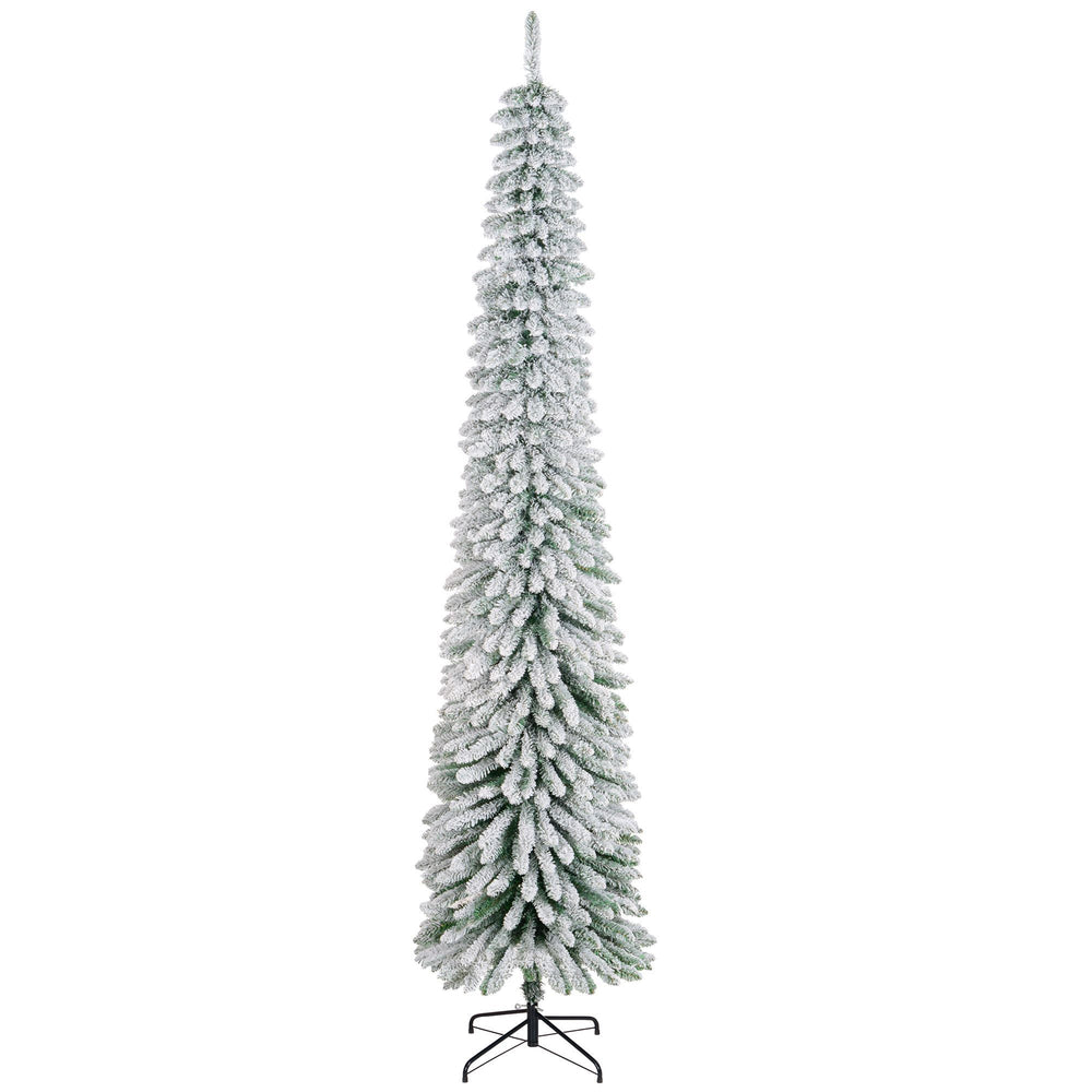 9ft Snow-Flocked Artificial Christmas Tree, Slim Pencil Xmas Tree With 714 Realistic Branches, Metal Base, Green EX-STOCK Canada 