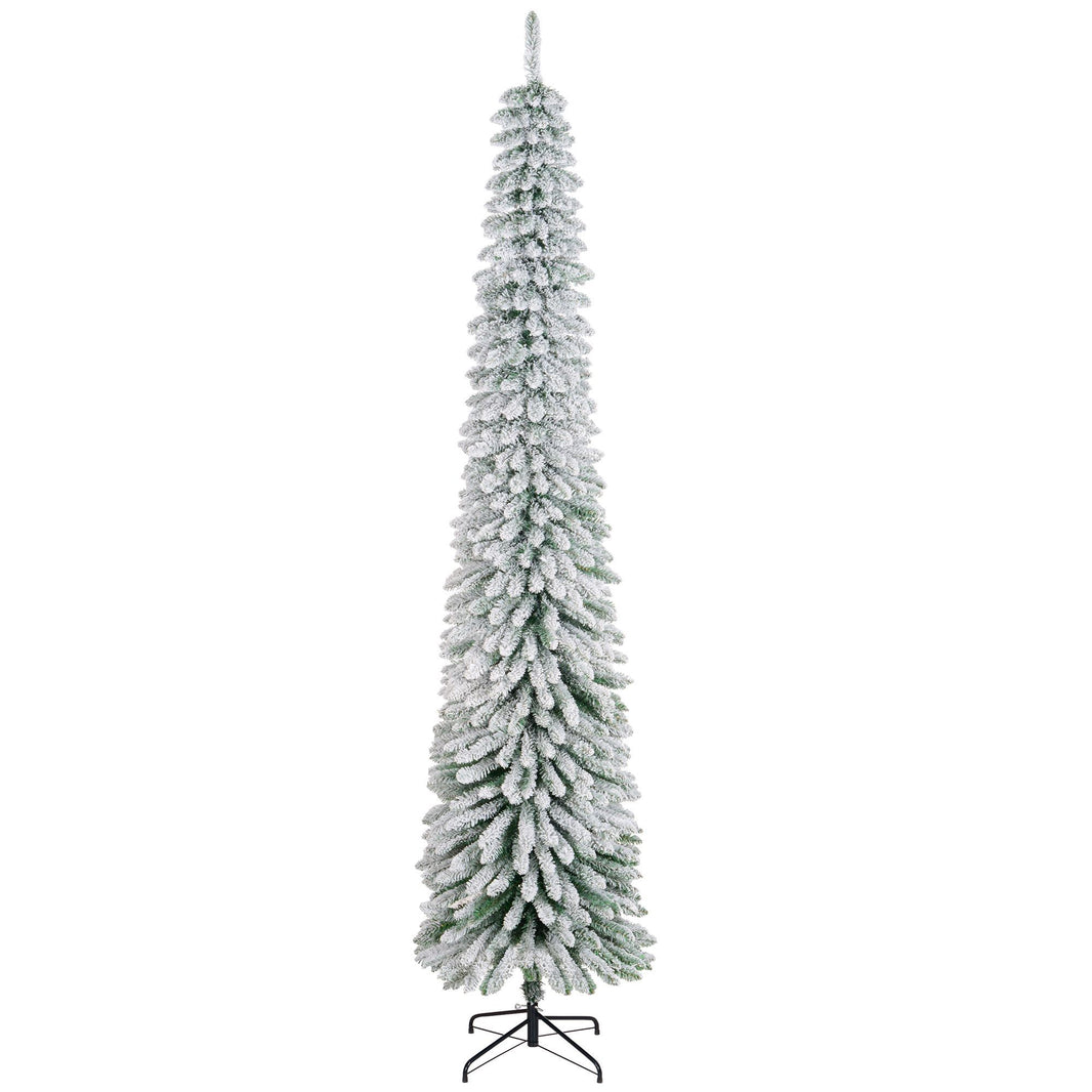 9ft Snow-Flocked Artificial Christmas Tree, Slim Pencil Xmas Tree With 714 Realistic Branches, Metal Base, Green EX-STOCK Canada 