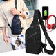 Black camouflage sling bag with phone, headphones, and charging cable on a white background