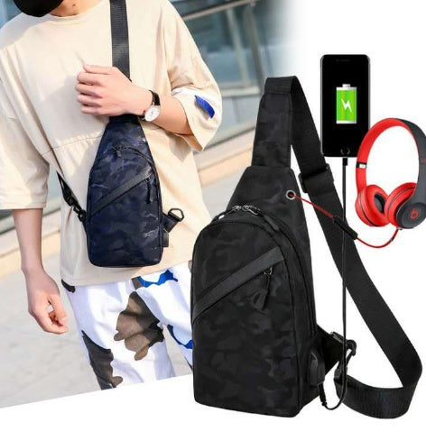 Black camouflage sling bag with phone, headphones, and charging cable on a white background