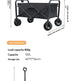 Black folding camping wagon with dimension annotations showing frame length, height, and wheel measurements, plus text listing load capacity 80kg, 100L capacity, and 60*17*36 cm storage size.