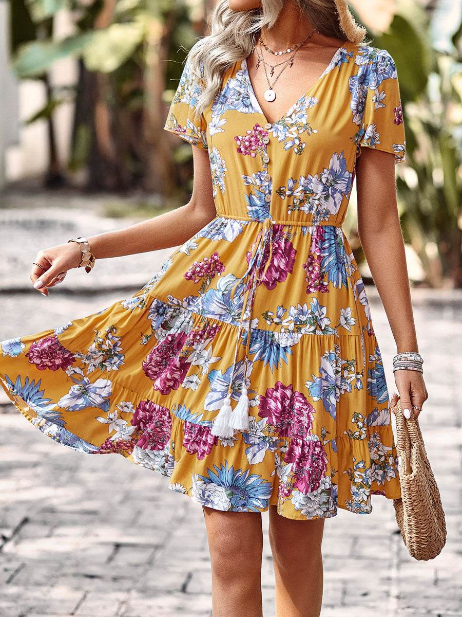 Women Casual floral summer dress Printed V-neck short sleeve Mini Dress - EX-STOCK Canada
