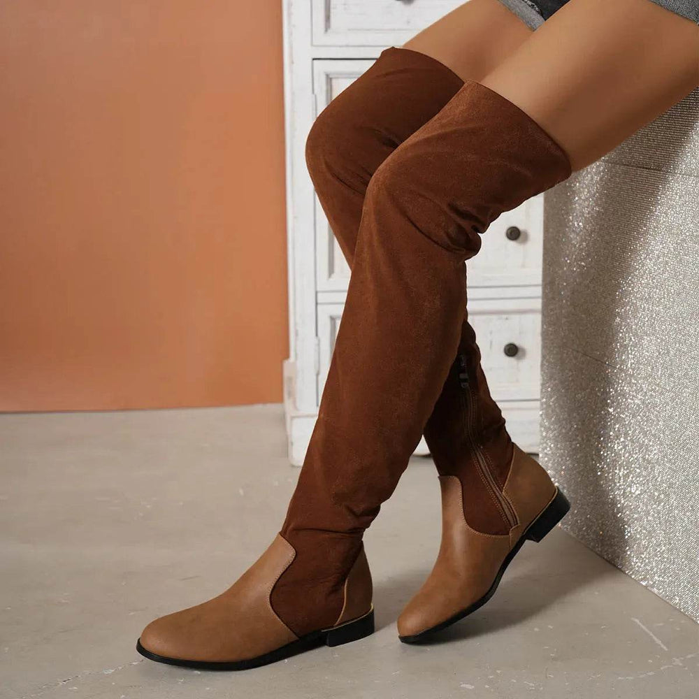 Fashion Over-the-knee Boots For Women Suede Stitching Low-heeled Long Boots With Side Zipper Design Party Shoes Winter - EX-STOCK Canada