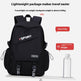 Black backpack with 'YONGJIA' branding and a bottle of water on a white background, highlighting the backpack's lightweight feature.
