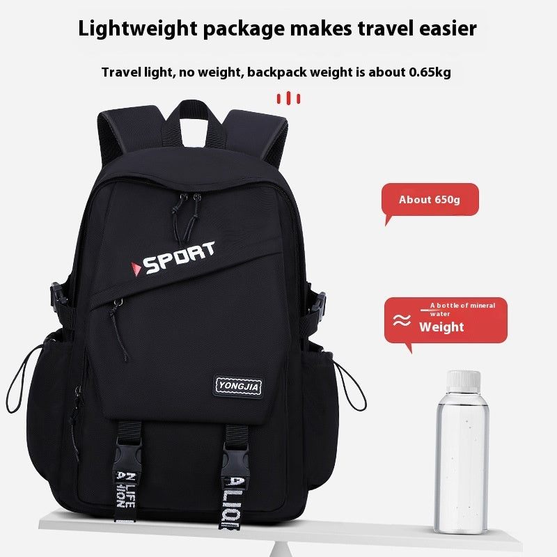 Black backpack with 'YONGJIA' branding and a bottle of water on a white background, highlighting the backpack's lightweight feature.