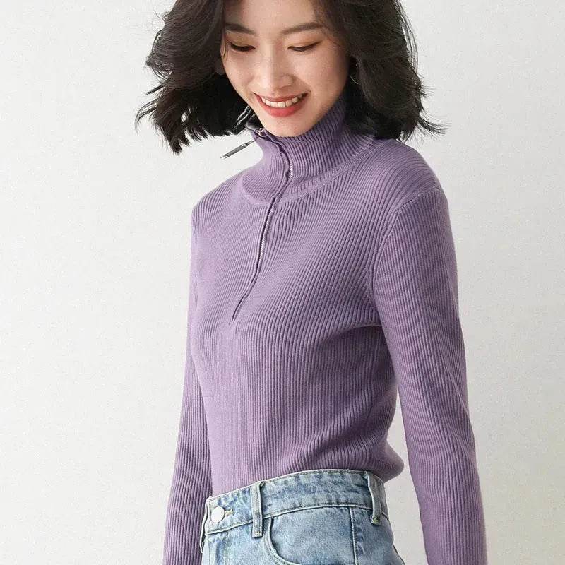 Women Autumn Winter Slim Fit High neck Half zip Knitted sweater Top - EX-STOCK Canada