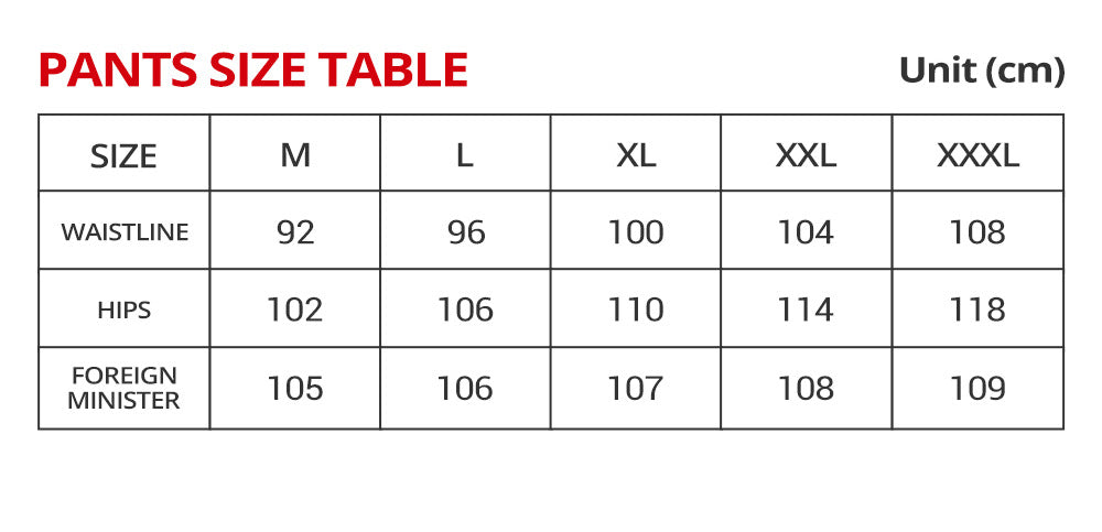 A size chart table titled 'PANTS SIZE TABLE' with columns for size M, L, XL, XXL, and XXXL and rows for waistline, hips, and foreign minister measurements in centimeters.
