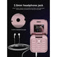 Pink flip phone with 3.5mm headphone jack on a black background