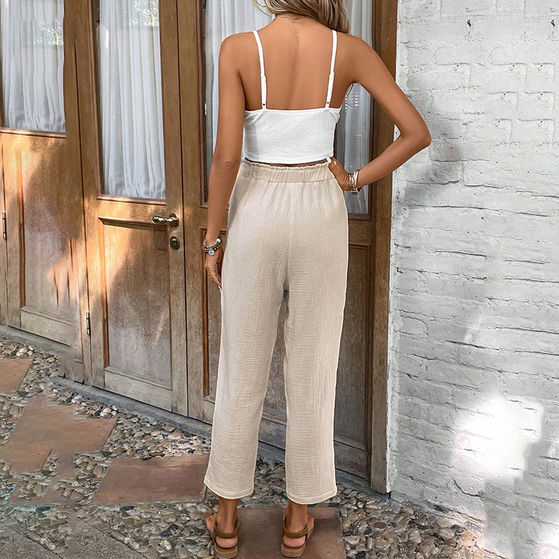 Women's Summer 2-Piece Outfit Sleeveless Lace Vest Top And Casual Elastic Waist Pants EX-STOCK