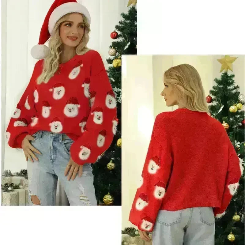 Christmas Sweater Women Cute Cartoon Santa Print Knit Sweater Winter Tops - EX-STOCK CANADA