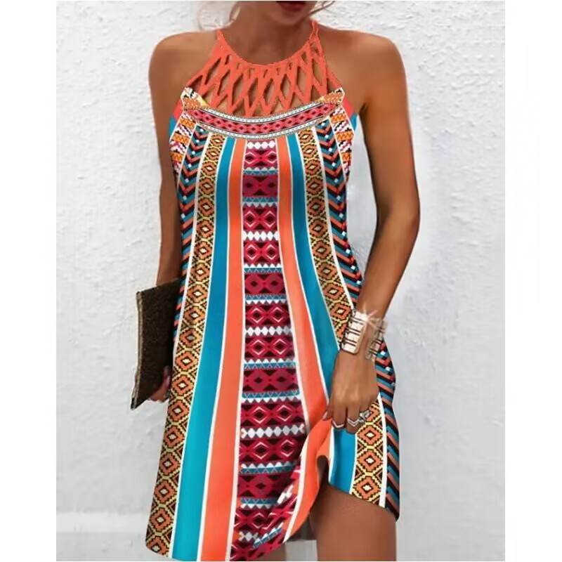 Fashion Print Dress Casual Halterneck Dresses For Women Summer Clothes - EX-STOCK Canada