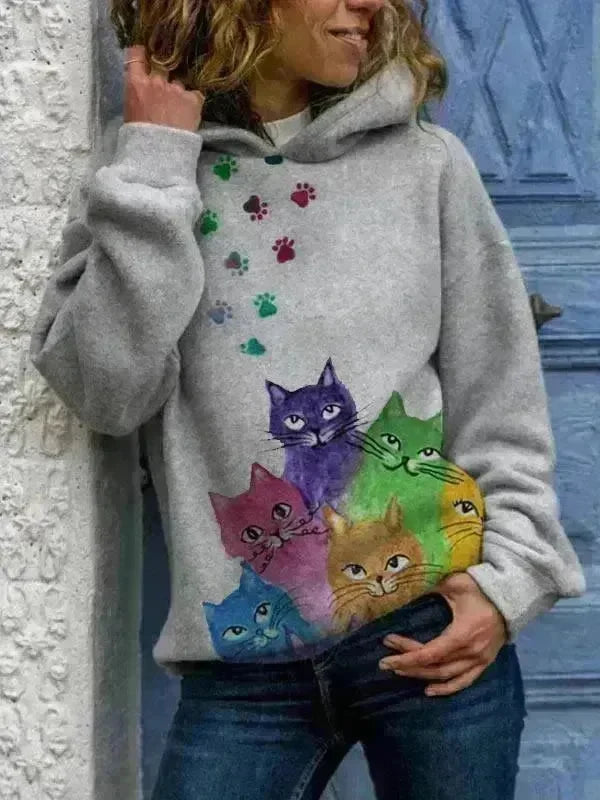 Hooded Long Sleeve Digital Printing Loose Casual Sweater For Women - EX-STOCK CANADA
