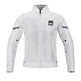 White motorcycle jacket with brand logos on a white background