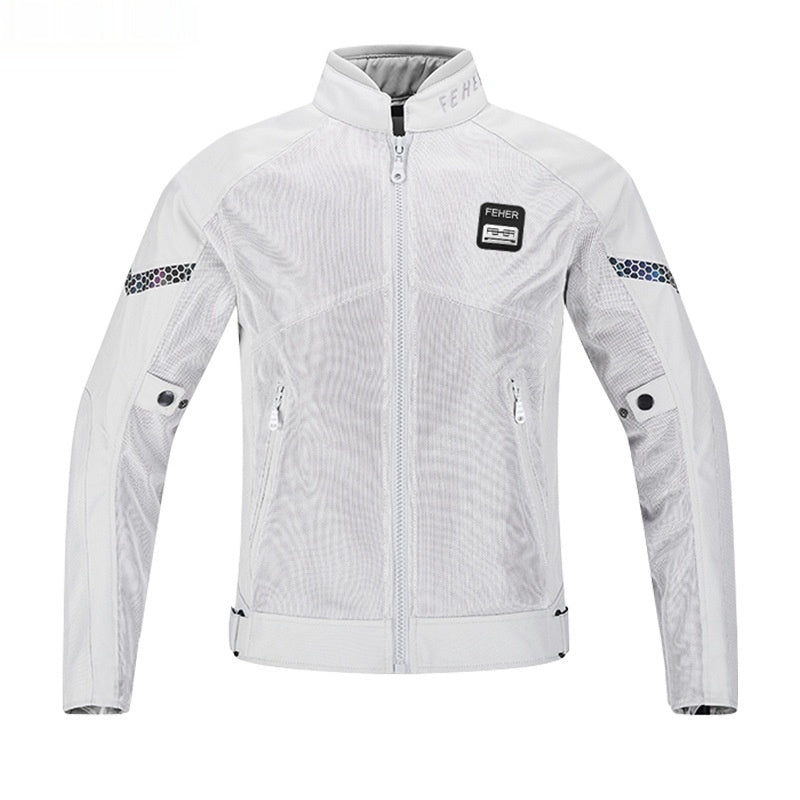 White motorcycle jacket with brand logos on a white background