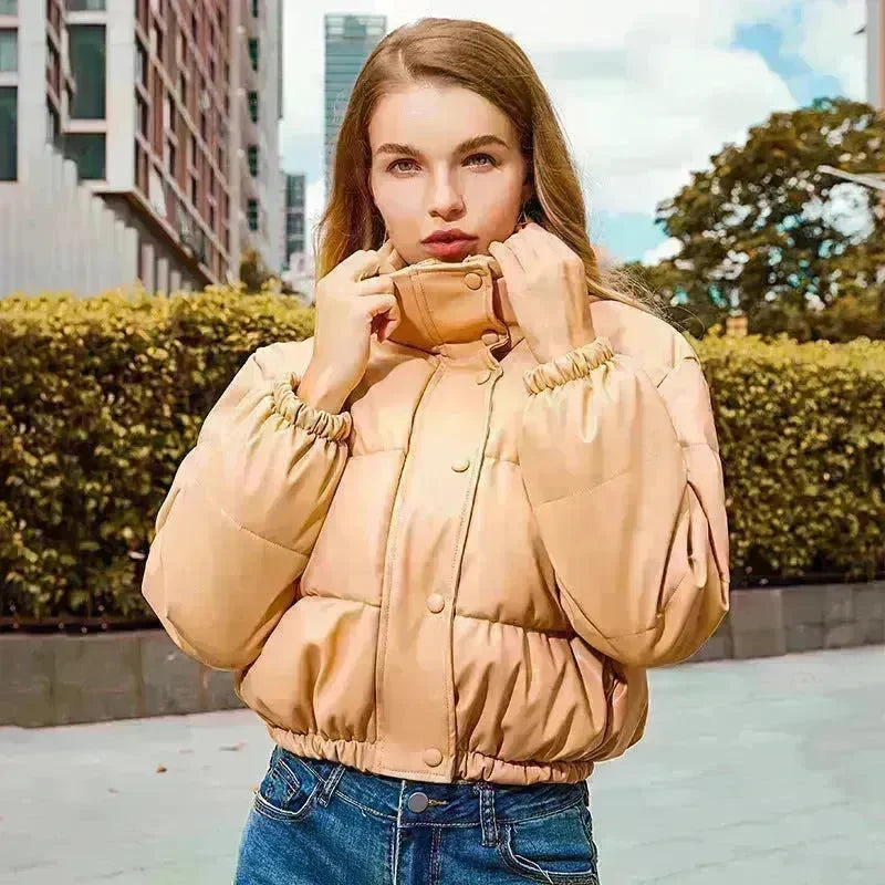 New Leather Puffer Cropped Jacket Warm Stand Collar Short Coat Y2K Cotton padded Jacket Women - EX-STOCK CANADA