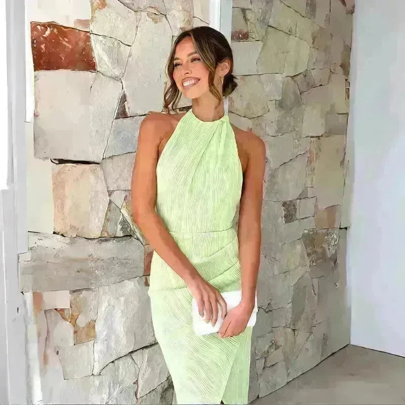 Halter Neck Split Long Dress Summer Slim Fit Backless Dresses Solid Split High neck Long Bodycon  Dress Women's Clothing - EX-STOCK CANADA