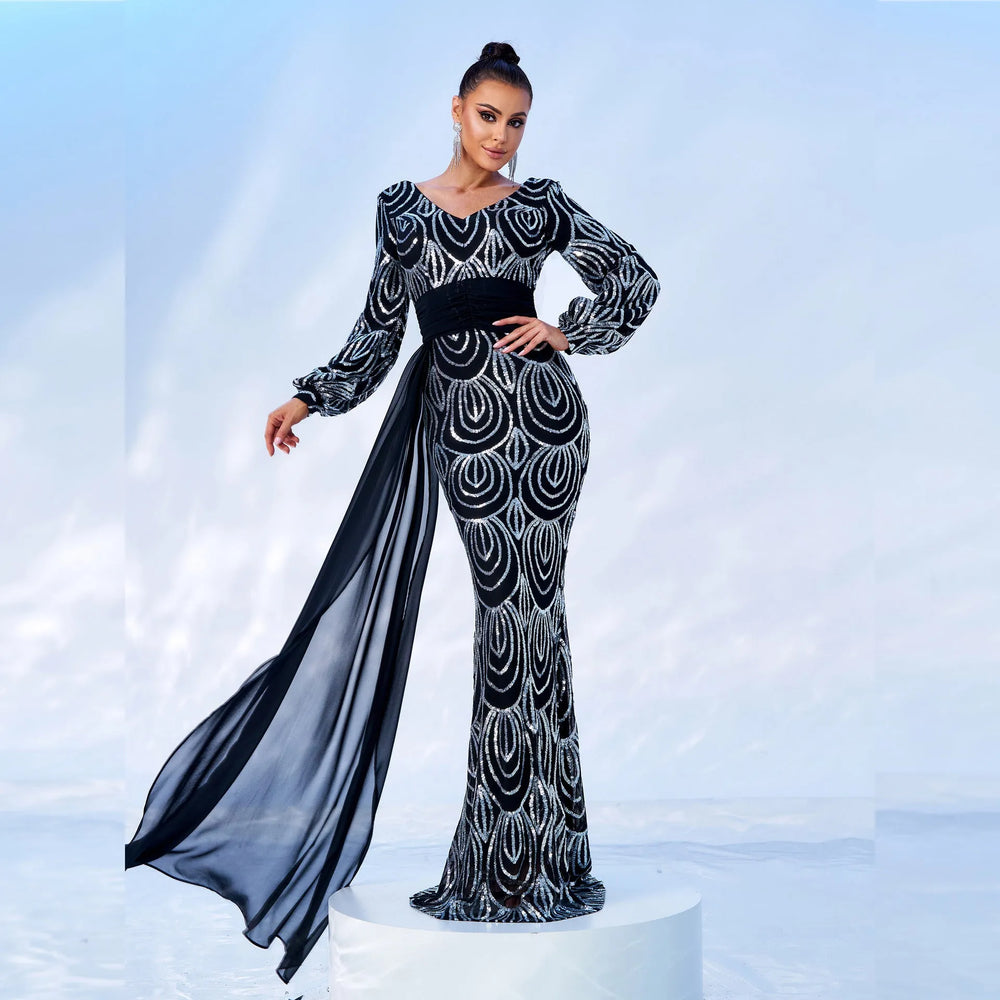 Long Sleeve Sexy Long Sequined V-neck Banquet Ribbon Evening Dress - EX-STOCK CANADA