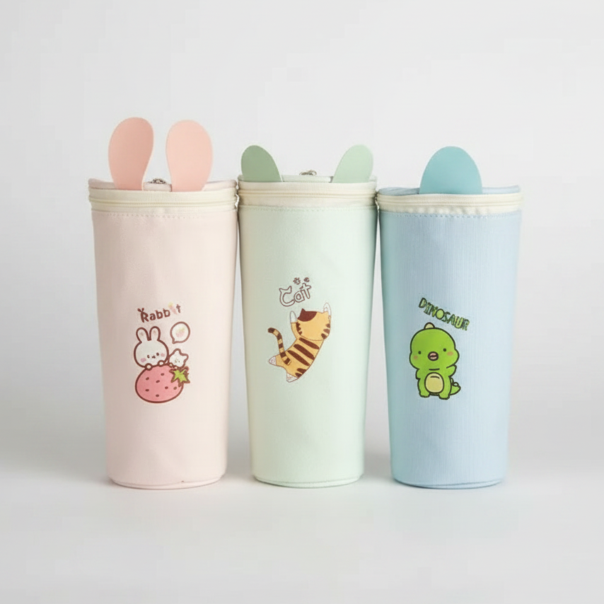Three pastel-colored cylindrical cups with cat-ear lids are lined up on a light gray background. The left cup is light pink with a bunny and strawberry graphic, the middle is mint green with a tiger graphic, and the right is light blue with a green dinosaur graphic.
