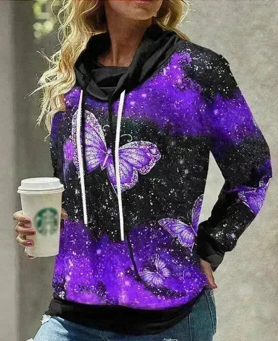 New Fashion Women's Pile Collar Printed Hoodie Pullover Top - EX-STOCK CANADA