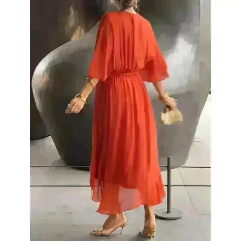 Batwing Sleeve V-neck Dress Summer Pure Color Tied Irregular Wrap Midi Dresses for Women - EX-STOCK CANADA