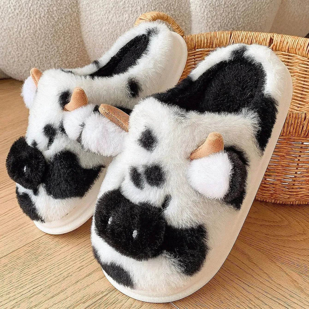 Cute Cartoon Cow Plush Slippers Winter Warm Indoor Bedroom Floor Fuzzy Slipper Couple Non-slip House Shoes - EX-STOCK Canada