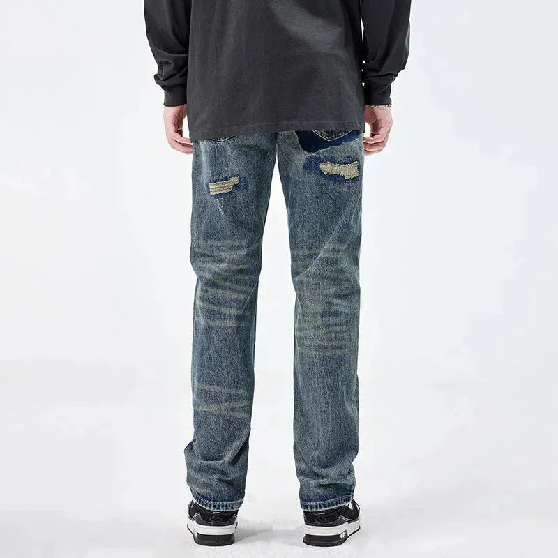 American Style Loose Broken Patch Straight Retro Denim Jeans pant Trousers Men - EX-STOCK CANADA