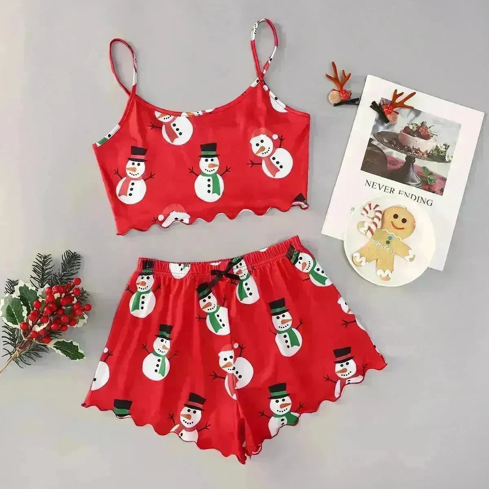 Christmas European And American Thin Pajamas Women's Sleeveless Shorts Milk Silk Simple Casual Two-piece Suit Homewear - EX-STOCK CANADA