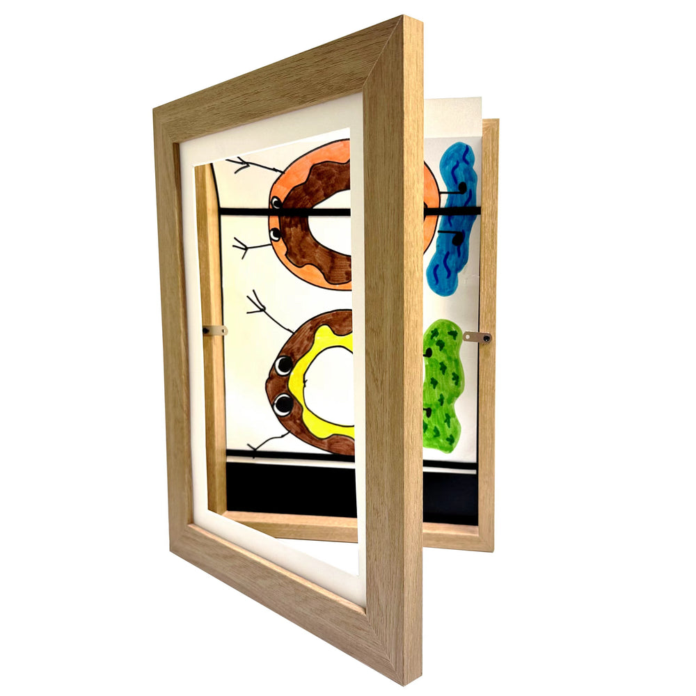 Children's Wooden Art Display Frame – Folding Front-Opening Storage, Black/White/Wood, A4/A3/8K