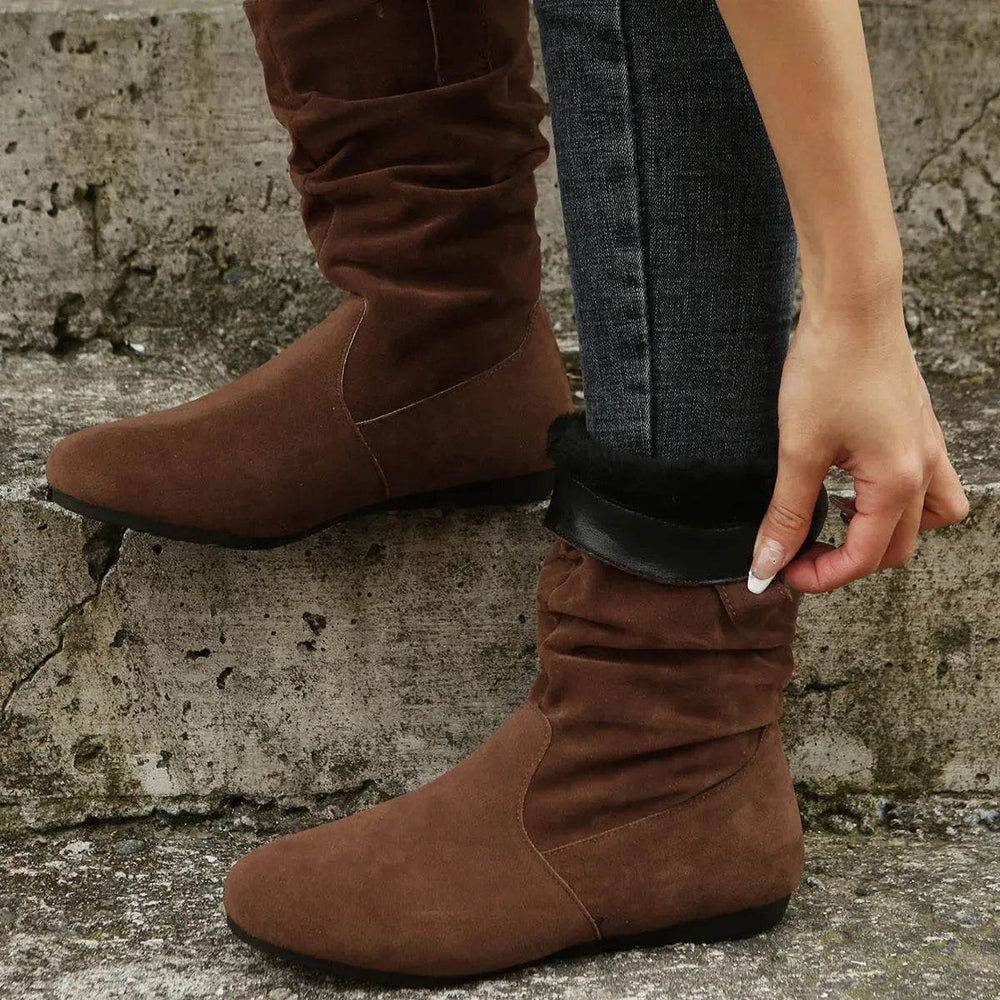 Round Toe Flat Boots Fashion Solid Color Suede Mid-calf Boot Winter Warm Shoes For Women - EX-STOCK Canada
