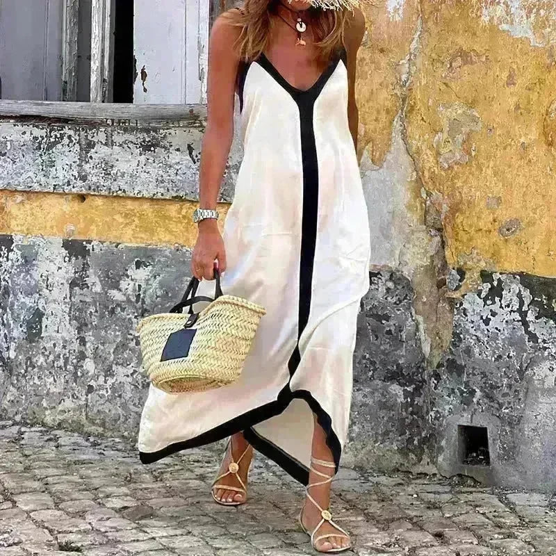 Women's Fashionable Casual Solid Color Spaghetti Straps Sleeveless V-neck Midi Dress - EX-STOCK CANADA