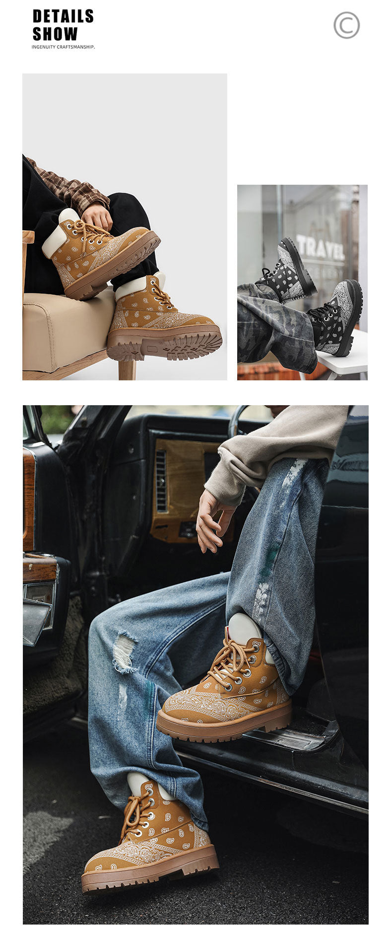 A collage showing a person wearing tan lace-up boots with a textured pattern and chunky lug soles in different settings, including sitting on a chair and leaning on a car door. The top left corner includes the text 'DETAILS SHOW'.