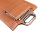 Brown textured handbag with silver clasp and zipper on a white background