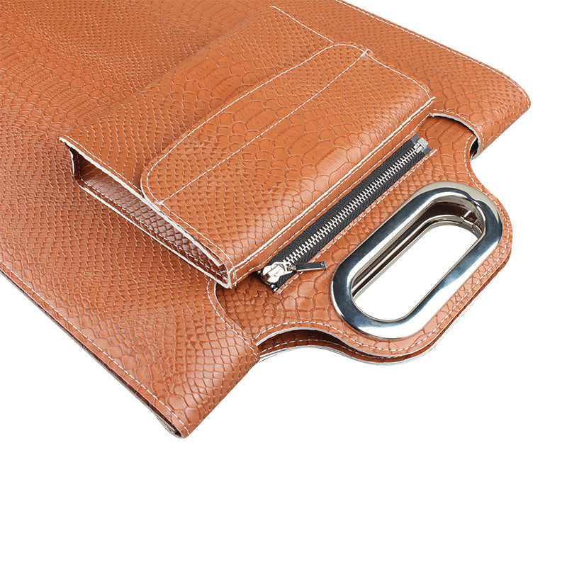 Brown textured handbag with silver clasp and zipper on a white background