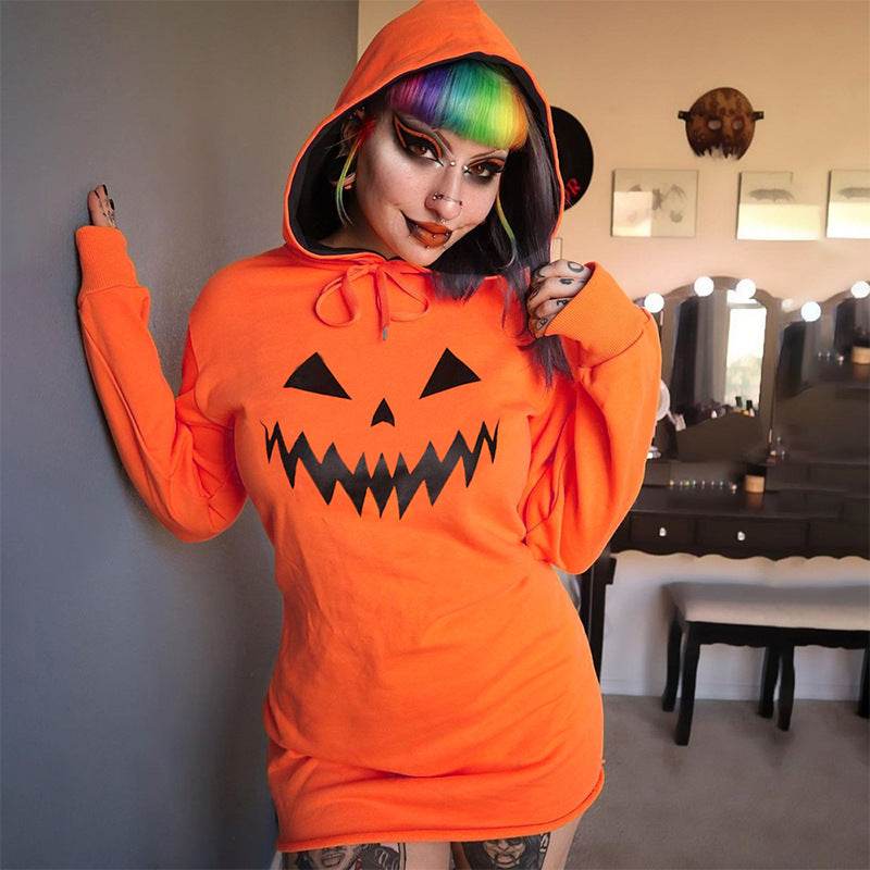Halloween Costume Pumpkin Print Long Sleeve Hoodie Dress - EX-STOCK Canada