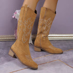 Women's Retro Pointed Toe Chunky Heel Solid Color Side Zipper Mid-calf Cowboy Boot - EX-STOCK Canada