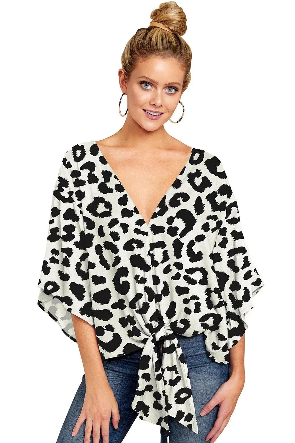 New V Neck Blouse Women Leopard Print Floral Tie Front Blouses Batwing Summer Oversize Ladies Tops - EX-STOCK CANADA