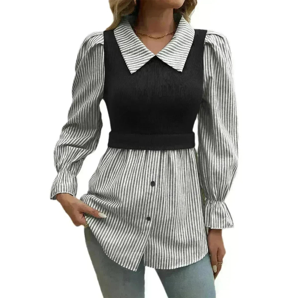 Women's Casual Contrast Color Stitching  Long Sleeve Collar Ladies Evening Top - EX-STOCK CANADA