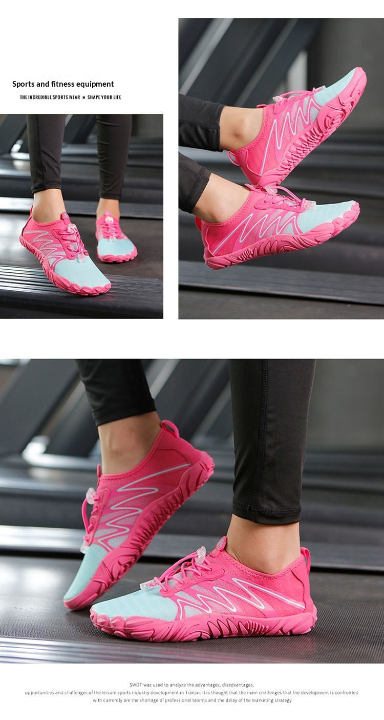 A three-panel collage showing a person wearing bright pink athletic sneakers with pale blue accents while running on a treadmill. The top-left panel includes small text reading 'Sports and fitness equipment.