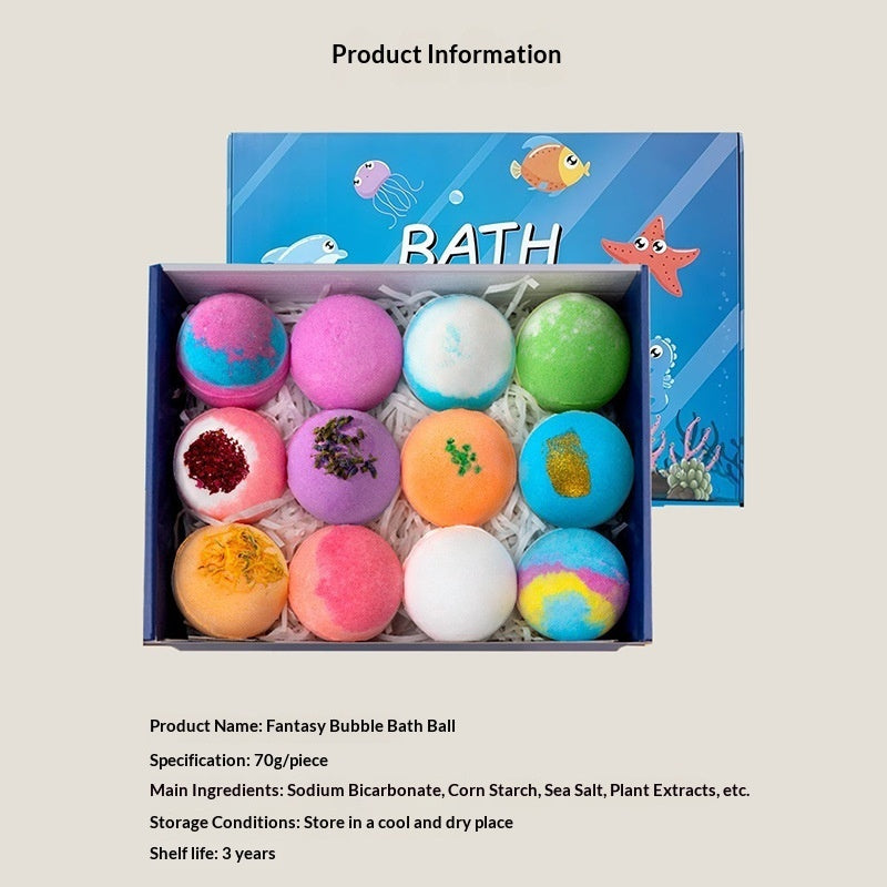 Box of colorful fantasy bubble bath balls with a blue 'Bath' themed box on a beige background.