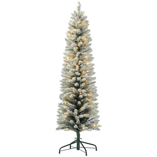 6ft Artificial Prelit Christmas Tree With Warm White LED Light, Snow Flocked Branches, Metal Base, Pencil Xmas Tree EX-STOCK Canada 