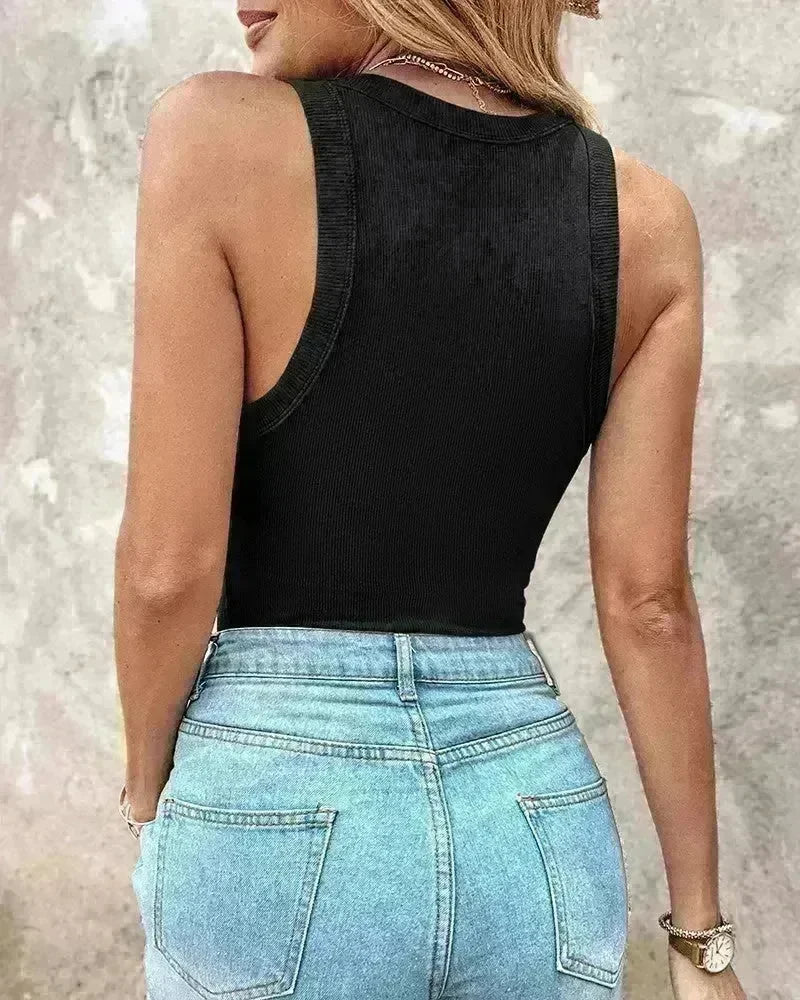 Cotton Round Neck Vest Top Summer Casual Solid Color Bottom Sleeveless Tank Top  For Women - EX-STOCK CANADA
