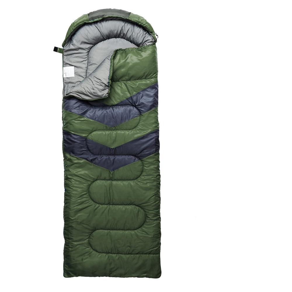 Green and gray sleeping bag on a white background