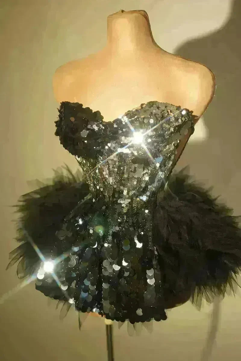 Strapless Tassle  Corset dress Women's Tube Top Rhinestone Chain Skirt Outfit for Evening party Cocktail event - EX-STOCK CANADA