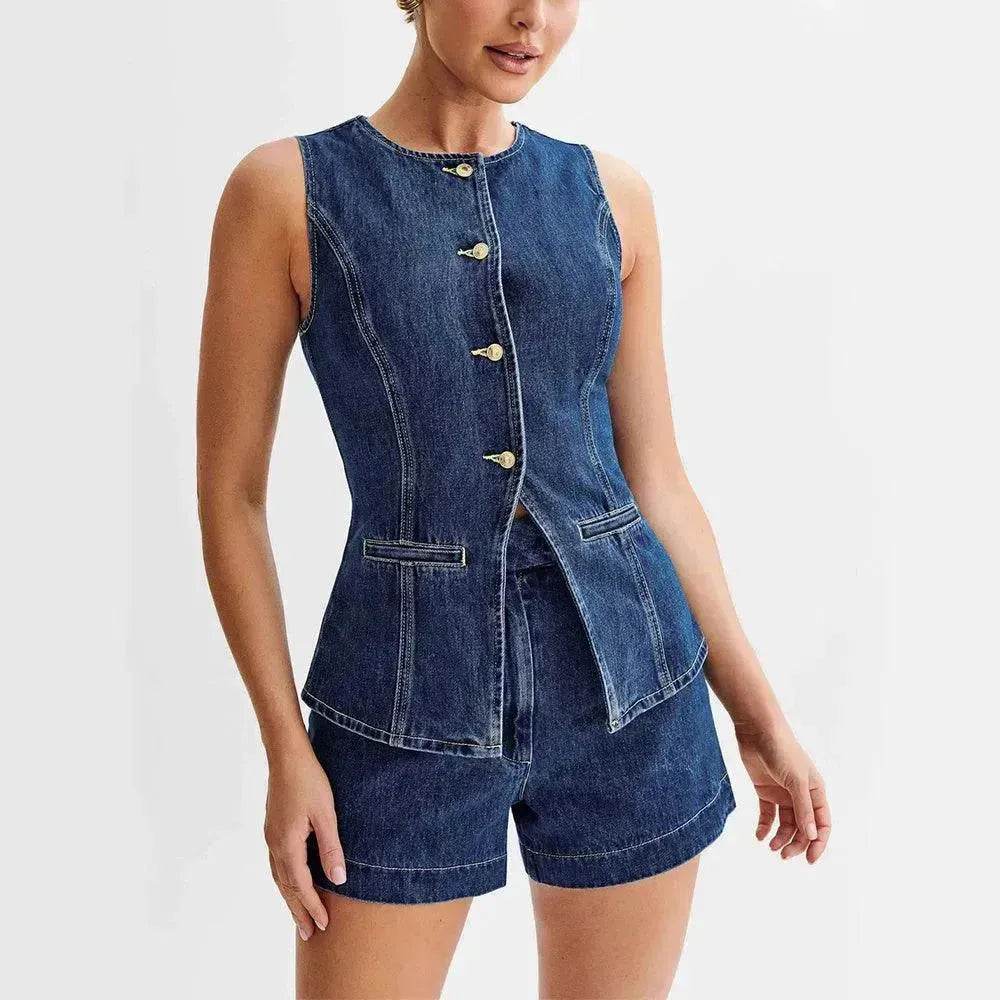 Fashion Denim Suit Summer Casual Sleeveless Button Vest Top And High Waist Shorts Set For Women - EX-STOCK Canada