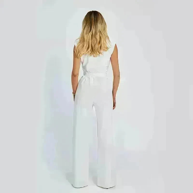 Fashion Elegant Long Sleeveless Jumpsuit Summer V-neck Casual Wide Leg Long Overalls Clothing For Women - EX-STOCK CANADA