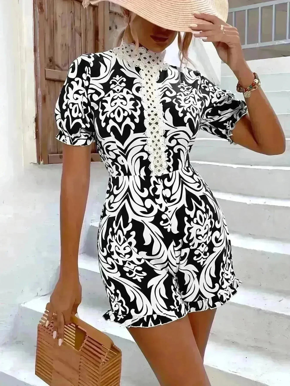 Fashion Fig Random Baroque Printed Guplay Lace Jumpsuit - EX-STOCK CANADA