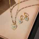 Fashion Jewelry Personality Copper Plated Real Gold Heart-shaped Zircon Pendant Necklace And Earrings Suite - EX-STOCK Canada