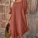 Fashion Ruffle Short-sleeved Dress Summer Solid Color Round Neck Loose Midi Straight Dress for Women. - EX-STOCK CANADA