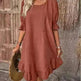 Fashion Ruffle Short-sleeved Dress Summer Solid Color Round Neck Loose Midi Straight Dress for Women. - EX-STOCK CANADA