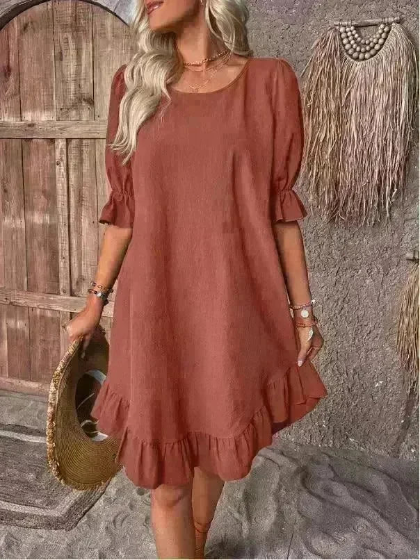 Fashion Ruffle Short-sleeved Dress Summer Solid Color Round Neck Loose Midi Straight Dress for Women. - EX-STOCK CANADA